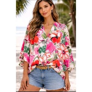 NWOT Entro Satin Kimono Sleeve Floral Button V Neck Blouse Top Womens S/M Resort